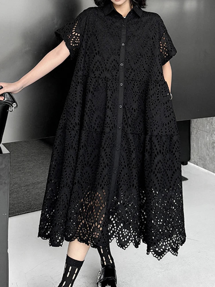 Women Black Lace Hollow Out Big Size Midi Shirt Dress New Lapel Short Sleeve Fashion Tide Spring Summer 2025 1DJ1166