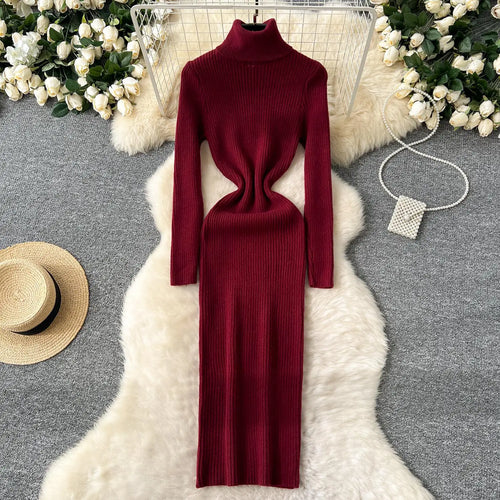 Load image into Gallery viewer, Korean Women Solid High Neck Straight Dresses Autumn Winter Slim Long Sleeve Office Knitted Dress Ladies Simplicity Popular Chic
