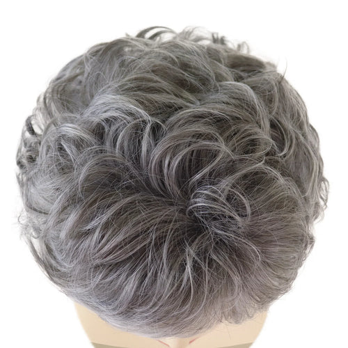 Load image into Gallery viewer, Synthetic Hair Short Gray Curly Wigs for White Women Sliver Grey Pixie Cut Wig with Bangs Wavy Fluffy Old Lady Costume
