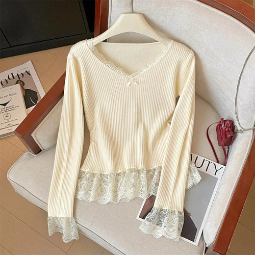 Load image into Gallery viewer, Korean Autumn Winter Sweet Patchwork Elegant Pullover Short Sweater Women's 2024 New V Neck Long Sleeved Knitted Tops Streetwear
