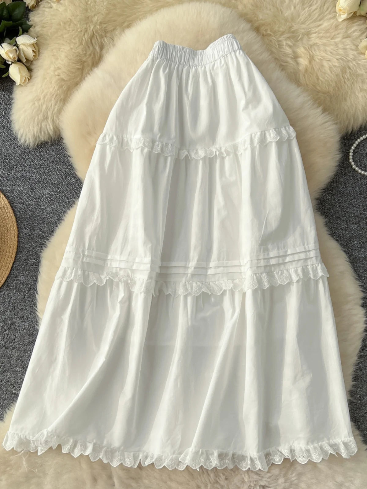 Vintage Elegant Women White High Waist Vacation Long Skirts Autumn Winter New Beige Ruffle Edge Pleated Short A-line Skirt Trend