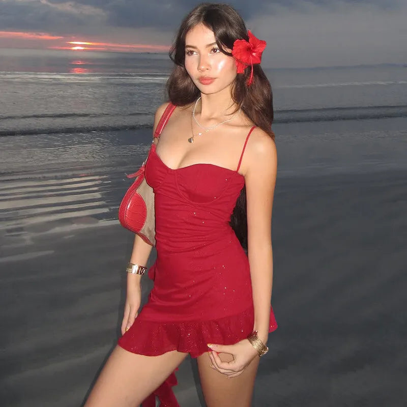 Spaghetti Strap Ruffled Sexy Mini Dress For Women Red Fashion Sleeveless Backless High Waist A-line Club Party Dress