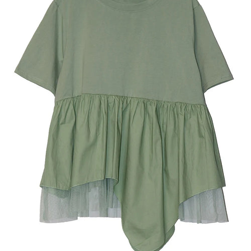 Load image into Gallery viewer, Women Black Irregular Hem Mesh Big Size Casual T-shirt New Round Neck Short Sleeve Fashion Tide Spring Summer 2025 1DJ0644
