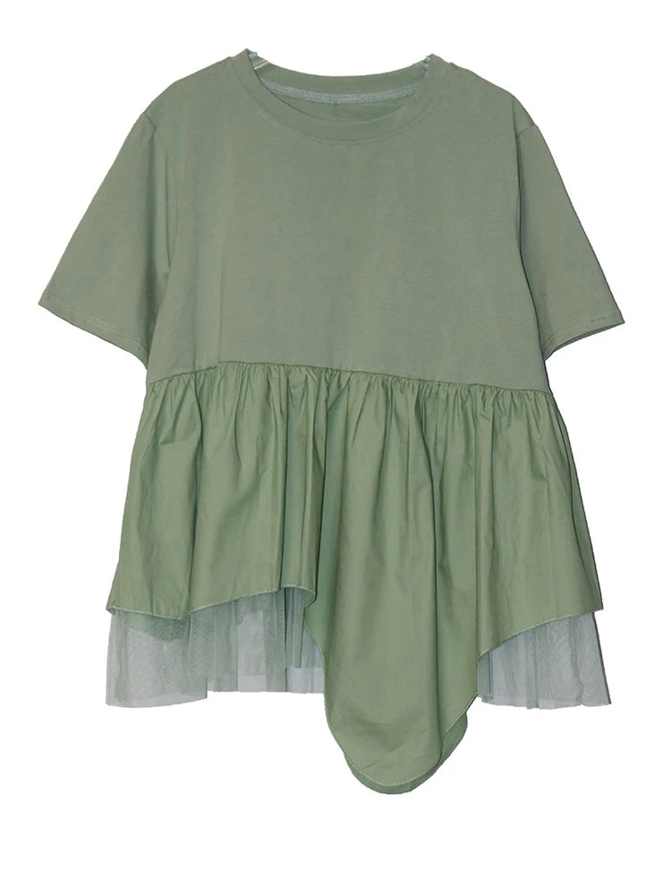 Women Black Irregular Hem Mesh Big Size Casual T-shirt New Round Neck Short Sleeve Fashion Tide Spring Summer 2025 1DJ0644