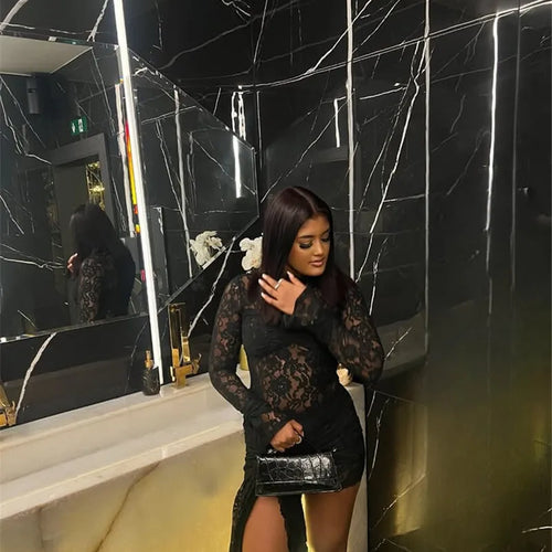 Load image into Gallery viewer, Lace Long Sleeve Sexy Mini Dress For Women Robe Fashion Black See Through Draped Ruched Bodycon Club Party Dress
