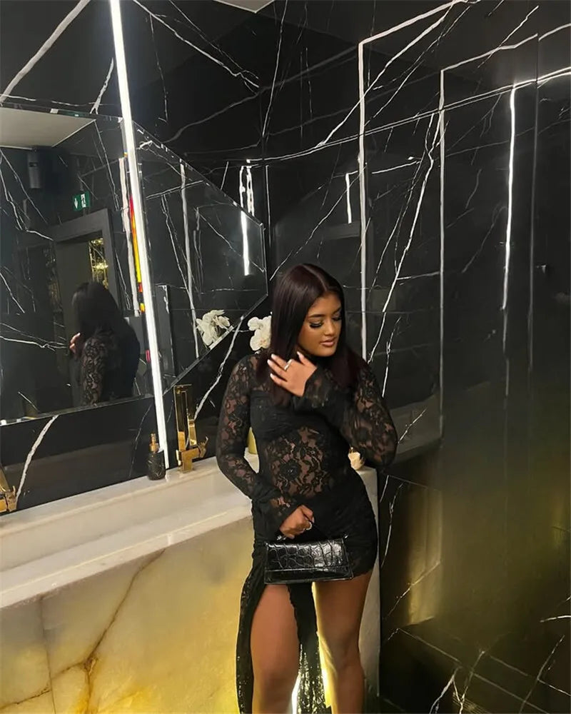 Lace Long Sleeve Sexy Mini Dress For Women Robe Fashion Black See Through Draped Ruched Bodycon Club Party Dress