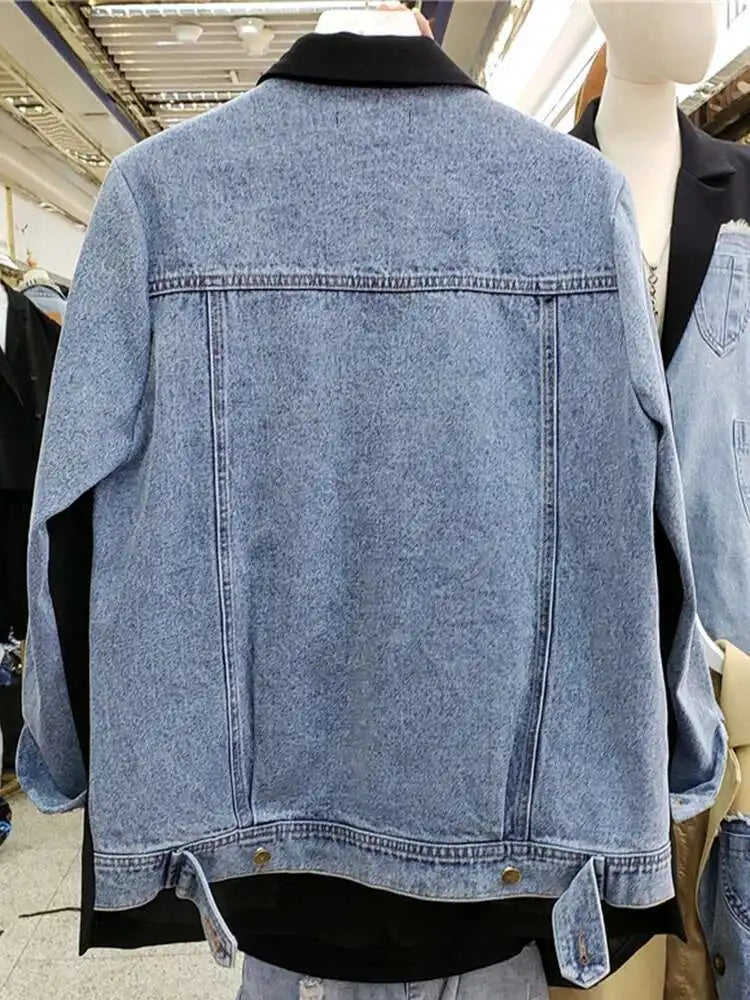 Women Blue Denim Color-block Big Size Blazer New Lapel Long Sleeve Loose Fit Jacket Fashion Spring Autumn 2025 1DH7741