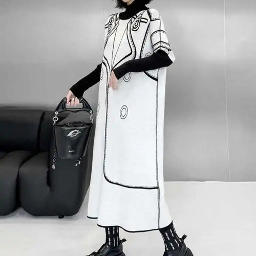 Load image into Gallery viewer, Women Black Pattern Both Side Wear Big Size Sweater Dress New Turtleneck Long Sleeve Fashion Spring Autumn 2025 1DH8332
