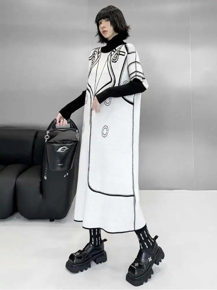 Women Black Pattern Both Side Wear Big Size Sweater Dress New Turtleneck Long Sleeve Fashion Spring Autumn 2025 1DH8332