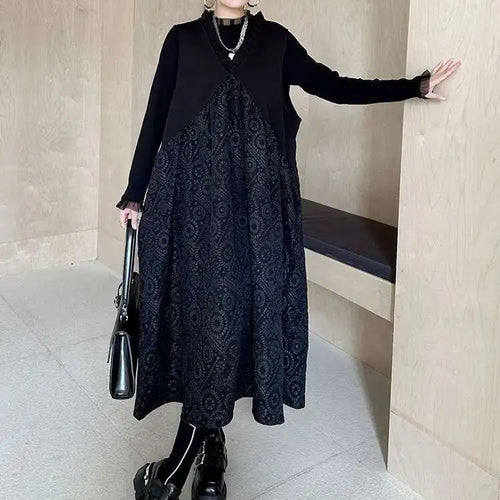 Load image into Gallery viewer, Women Black Pattern Textured Big Size  Long Vest Dress New V-Neck Sleeveless Fashion Tide Spring Autumn 2025 1DH844101
