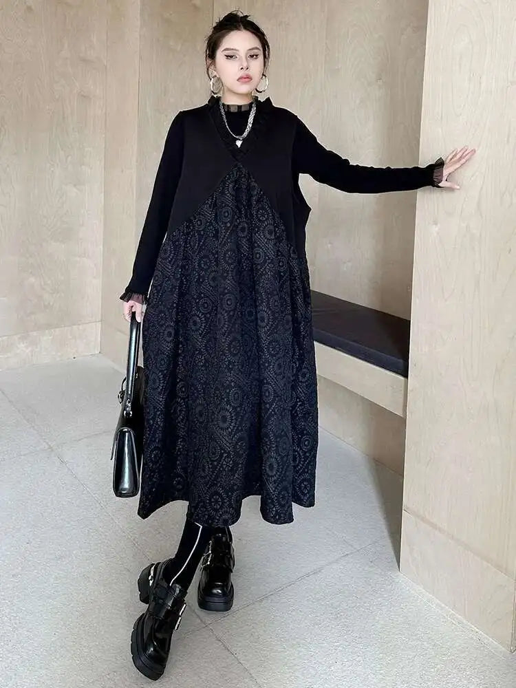 Women Black Pattern Textured Big Size  Long Vest Dress New V-Neck Sleeveless Fashion Tide Spring Autumn 2025 1DH844101