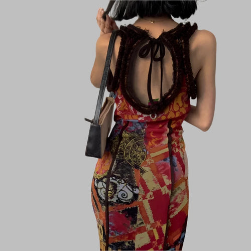 Load image into Gallery viewer, Y2k Retro Tie Dye Print Long Dresses for Women Sexy Hollow Out Lace Up Backless Maxi Dress 2000s Aesthetic C33-CI30
