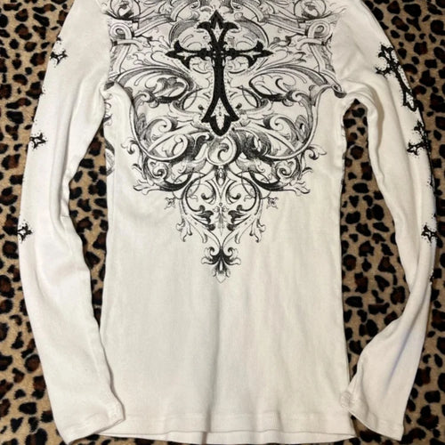 Load image into Gallery viewer, Harajuku Vintage Cross Printing T-shirts Streetwear White Y2k Aesthetic Loose Sexy Tshirts Women Grunge Diamond Autumn Tops
