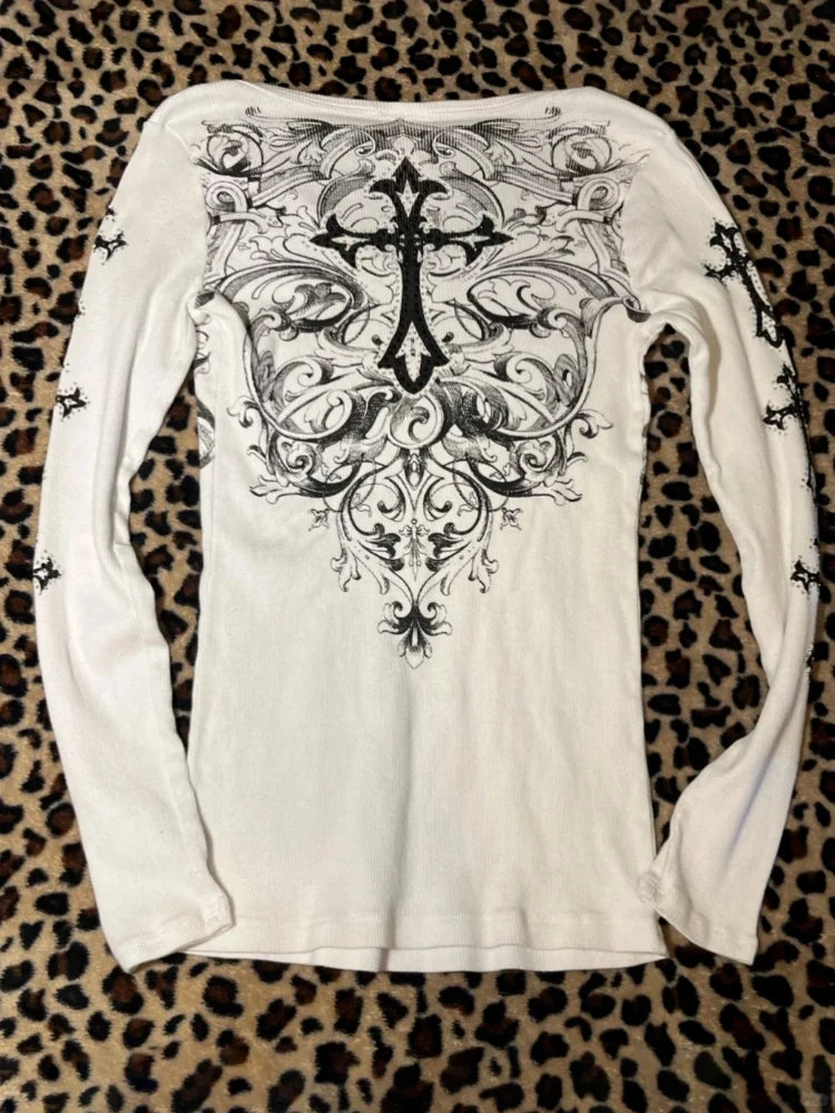 Harajuku Vintage Cross Printing T-shirts Streetwear White Y2k Aesthetic Loose Sexy Tshirts Women Grunge Diamond Autumn Tops