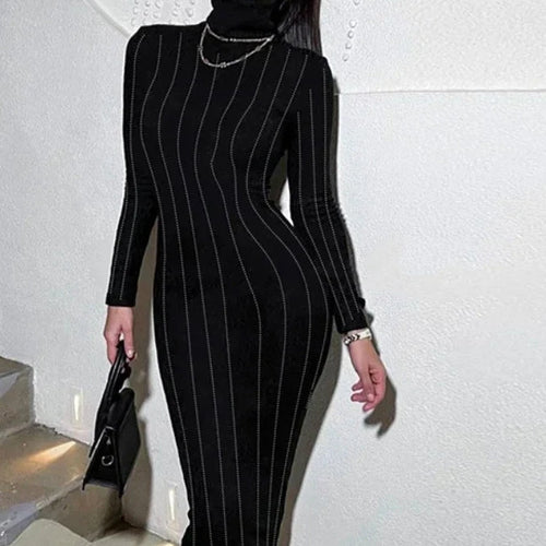 Load image into Gallery viewer, Sparkly Rhinestone Black Long Dresses for Women Sext Winter Party Night Turtleneck Long Sleeve Bodycon Dress C70-DF32
