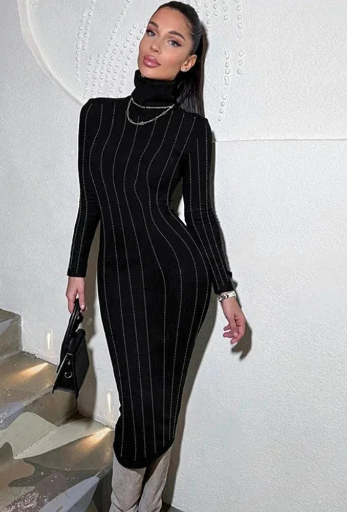 Sparkly Rhinestone Black Long Dresses for Women Sext Winter Party Night Turtleneck Long Sleeve Bodycon Dress C70-DF32