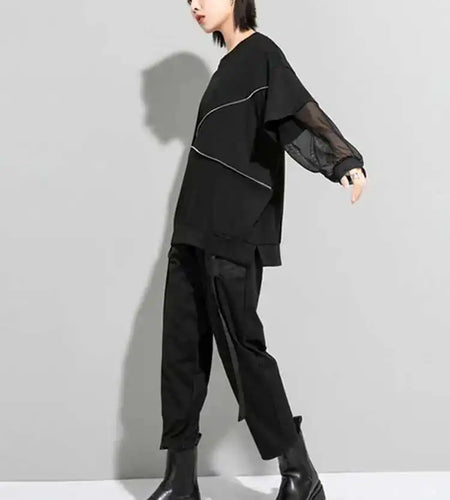 Women Black Zippper Mesh Spliced Big Size T-shirt New Round Neck Long Sleeve  Fashion Tide  Spring Autumn 2025 1DD5774