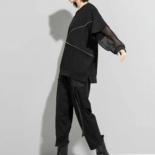 Load image into Gallery viewer, Women Black Zippper Mesh Spliced Big Size T-shirt New Round Neck Long Sleeve  Fashion Tide  Spring Autumn 2025 1DD5774
