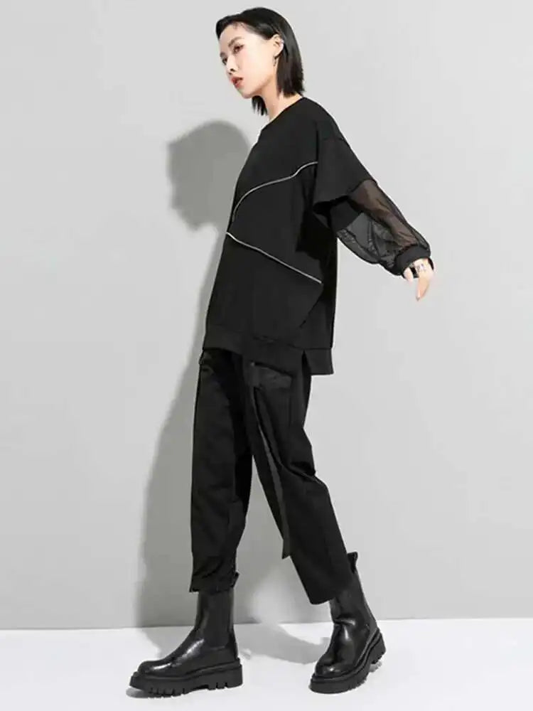 Women Black Zippper Mesh Spliced Big Size T-shirt New Round Neck Long Sleeve  Fashion Tide  Spring Autumn 2025 1DD5774