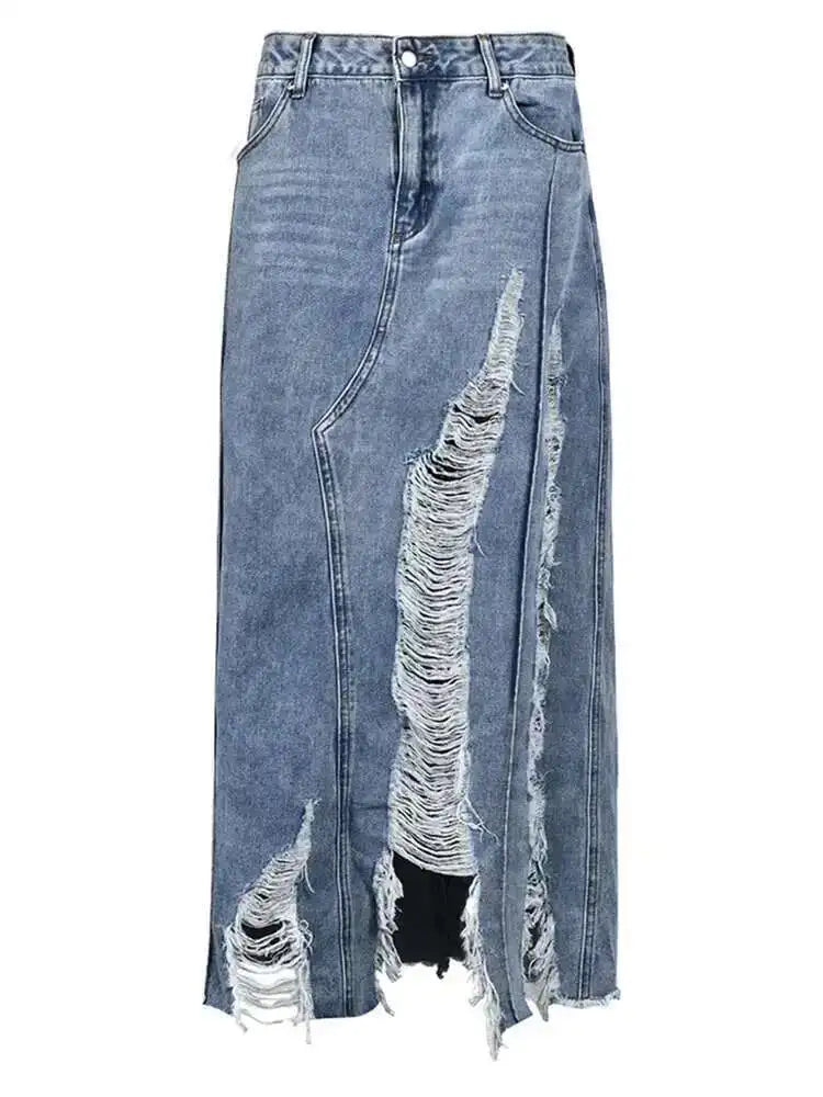 High Waist Blue Denim Holes Irregular Burr Long Casual Half-body Skirt Women Fashion Tide New Spring Autumn 2025 1DF6983