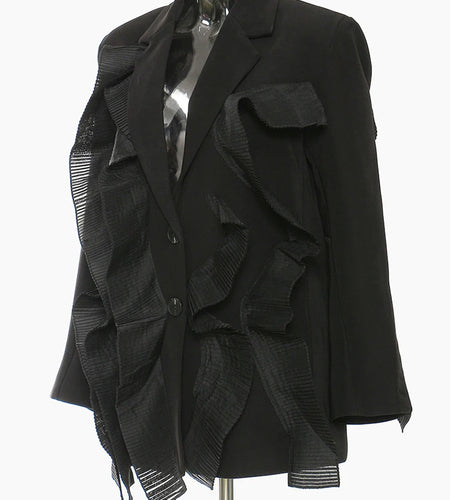 Women Black Ruffles Elegant Big Size Blazer New Lapel Long Sleeve Loose Fit Jacket Fashion Spring Autumn 2025 1DE78850