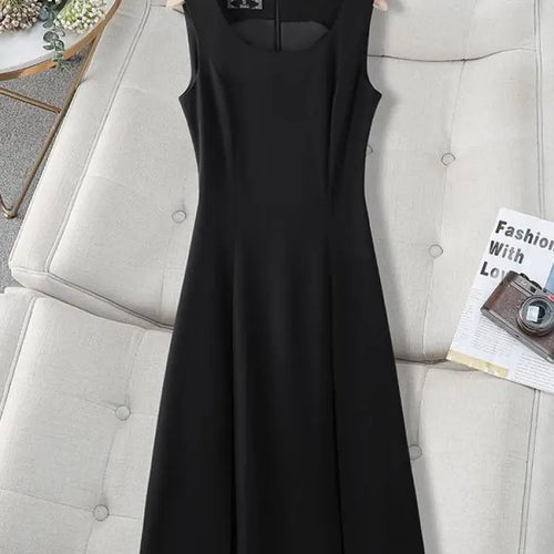 Load image into Gallery viewer, Woman Summer Black Beige Elegant Sleeveless Office Long Dresses Green Round Neck Sexy Zipper Pleated Vest Dress Vestidos Fashion
