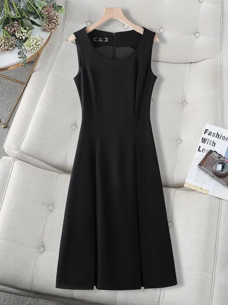 Woman Summer Black Beige Elegant Sleeveless Office Long Dresses Green Round Neck Sexy Zipper Pleated Vest Dress Vestidos Fashion