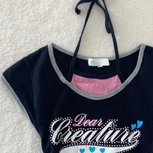 Load image into Gallery viewer, Two Pieces Set T-shirt Halter Patchwork Slim Casual Letter Cropped Top Women Y2k Aesthetic Summer Contrast Color Grunge Tees
