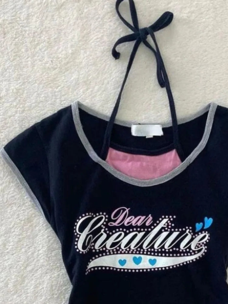 Two Pieces Set T-shirt Halter Patchwork Slim Casual Letter Cropped Top Women Y2k Aesthetic Summer Contrast Color Grunge Tees