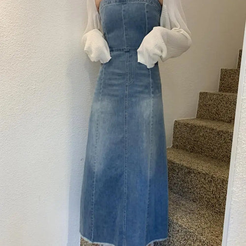 Load image into Gallery viewer, New Summer Women Vintage Casual Sexy Club Slip Denim Dress Fashion High Waist Long Dress Lady Slim A-line Pockets Jean Dresses
