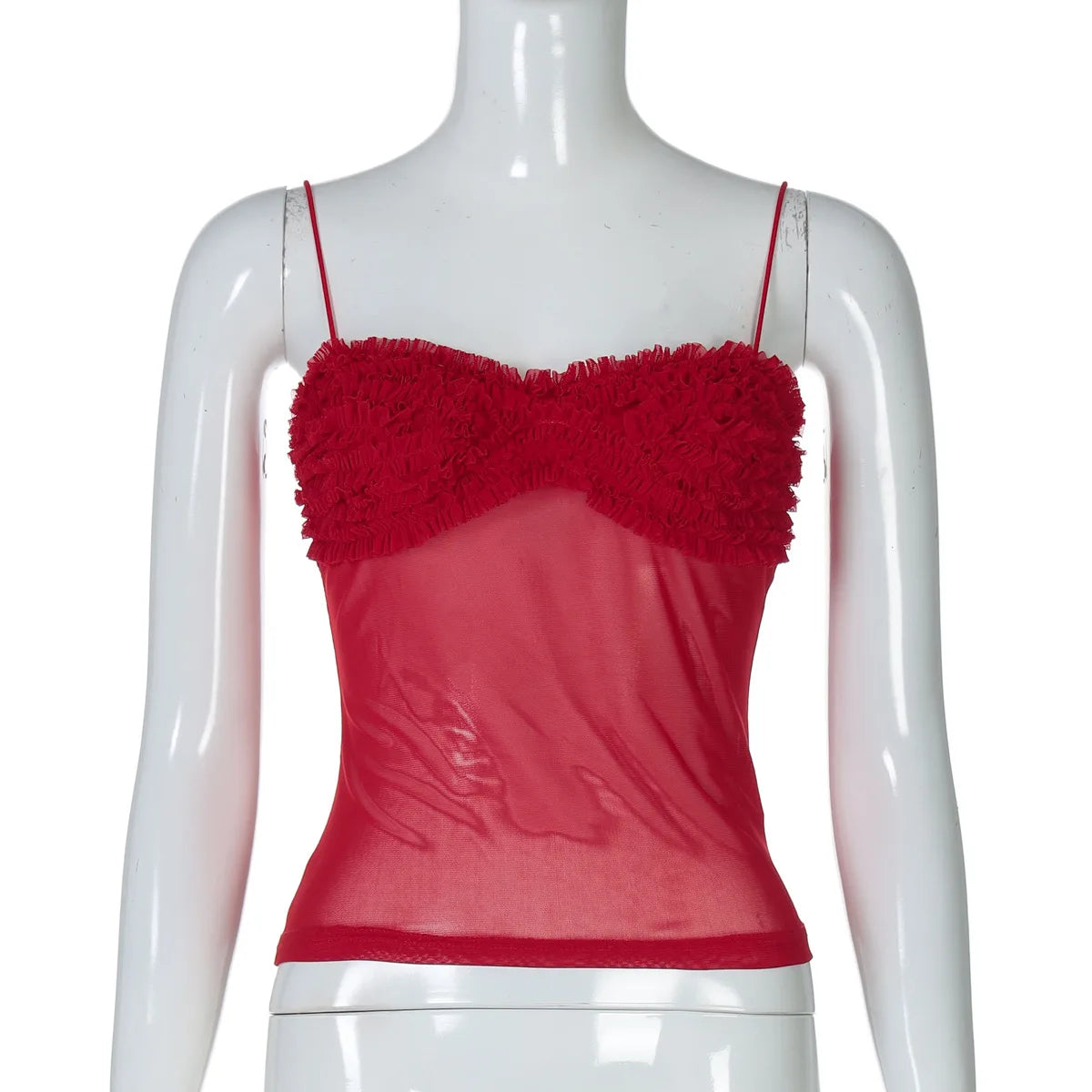 Spaghetti Strap Mesh Pleated Sexy Crop Tops Women Red Strapless Sleeveless Backless Skinny Club Tank Tops Clubwear