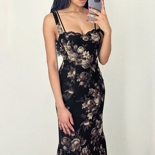 Load image into Gallery viewer, Vintage Fashion Elegant Long Dress Women Lace Trim Trumpet Flowers Printing Y2K Summer Dresses Bodycon Sundress Chic
