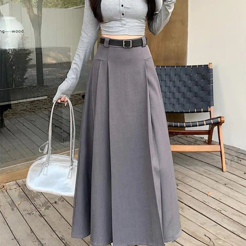 Load image into Gallery viewer, French Vintage Women Black Grey Elegant A-line Long Skirt 2024 New Autumn Winter Brown Versatile Pleated Skirt Streetwear simple
