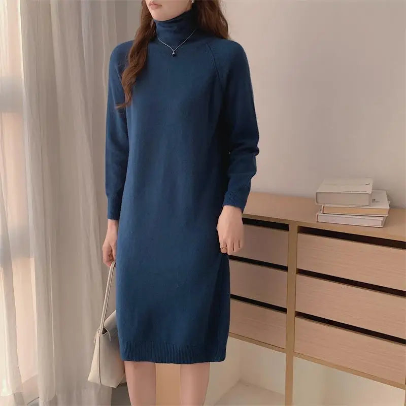 Autumn Winter 2023 New Solid High Neck Casual Loose Knitted Dresses Women Straight Long Sleeve Sweater Dress Popular Simplicity