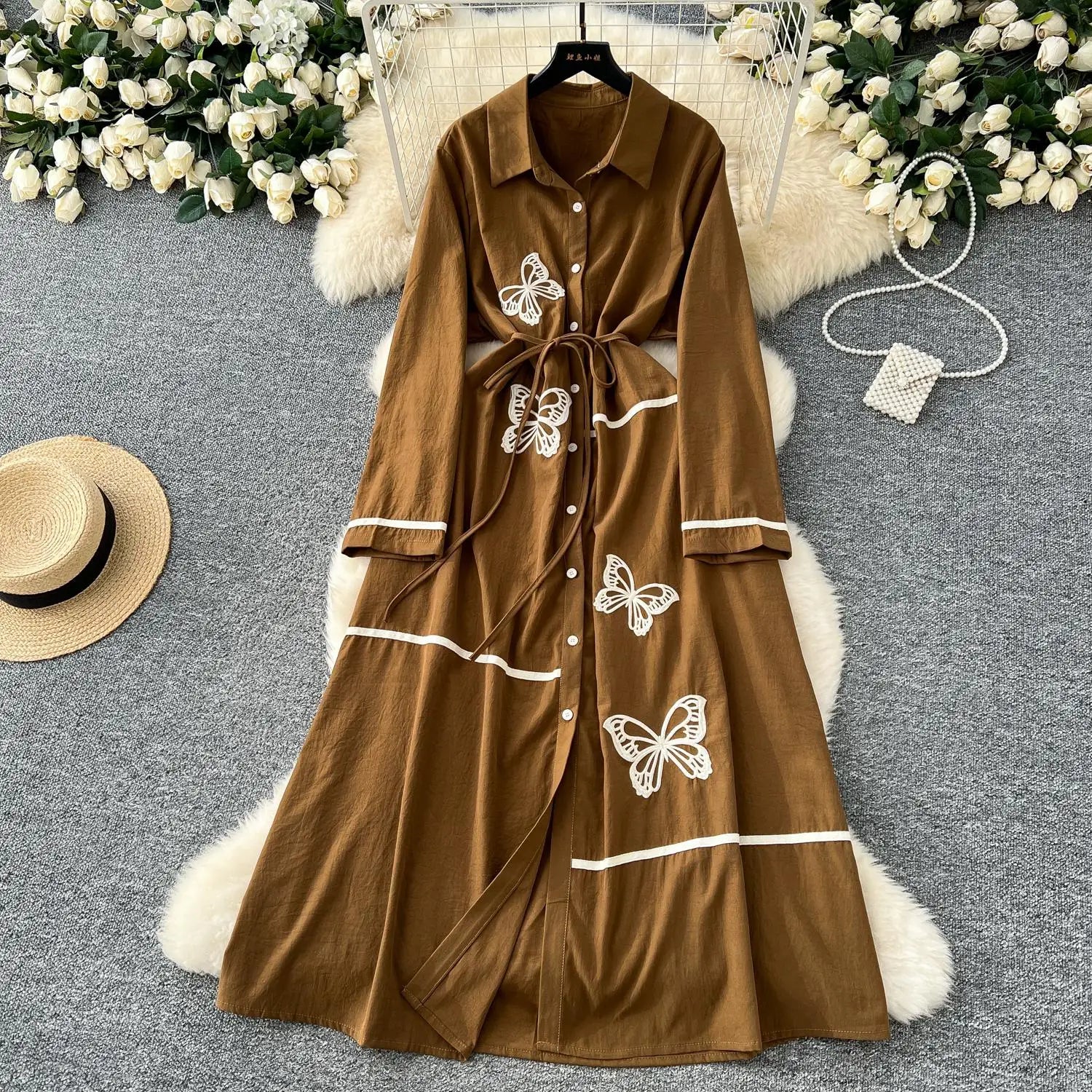 French Women Butterfly Embroidery Elegant Lace-up Shirt Long Dress 2025 Autumn New Retro Long Sleeved Button Holiday Party Dress