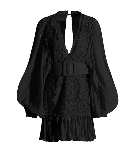 Solid Casual Dresses For Women V Neck Lantern Sleeve High Waist Spliced Floral Mini Dress Female Fashion Clothing