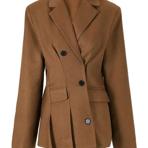 Load image into Gallery viewer, Women Brown Hem Pleated Irregular Elegant Slim Blazer New Lapel Long Sleeve Jacket Fashion Tide Spring Autumn 2025 7AB1120
