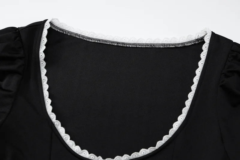 Lace Bandage Puff Sleeve Mini Dress For Women 2023 Autumn Winter New Square Collar Ruched Dress Vintage Elegant