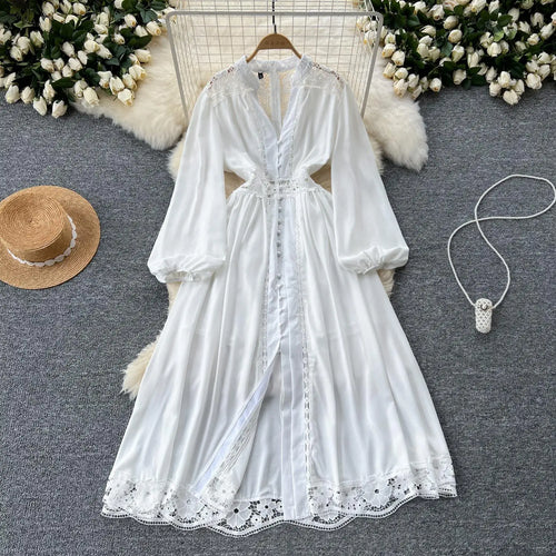 Load image into Gallery viewer, Vintage Women White Patchwork Lace Elegant High Waist Dresses Autumn Round Neck Long Sleeve Single Breasted Evening Party Dress
