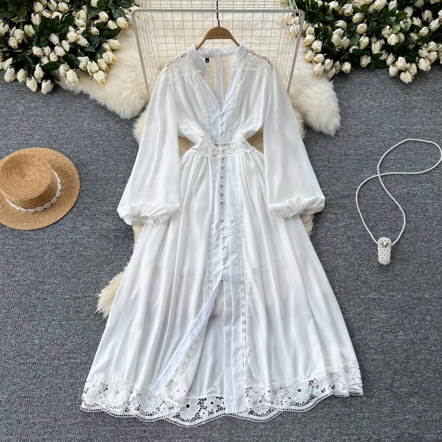 Vintage Women White Patchwork Lace Elegant High Waist Dresses Autumn Round Neck Long Sleeve Single Breasted Evening Party Dress