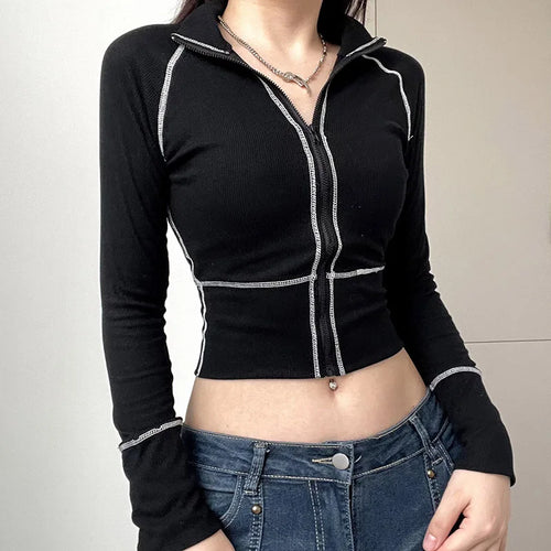Load image into Gallery viewer, Harajuku Knitted Line Stitch Turtleneck Autumn T shirt Female Skinny Casual Zip Up Jacket Cropped Top Korean Shirts

