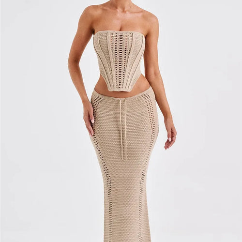 Load image into Gallery viewer, Elegant Knit Skirt Two Piece Sets Women Strapless Bandage Crop Tops And Maxi Skirt Femme Lace Up Sexy Ttwo Piece Sets
