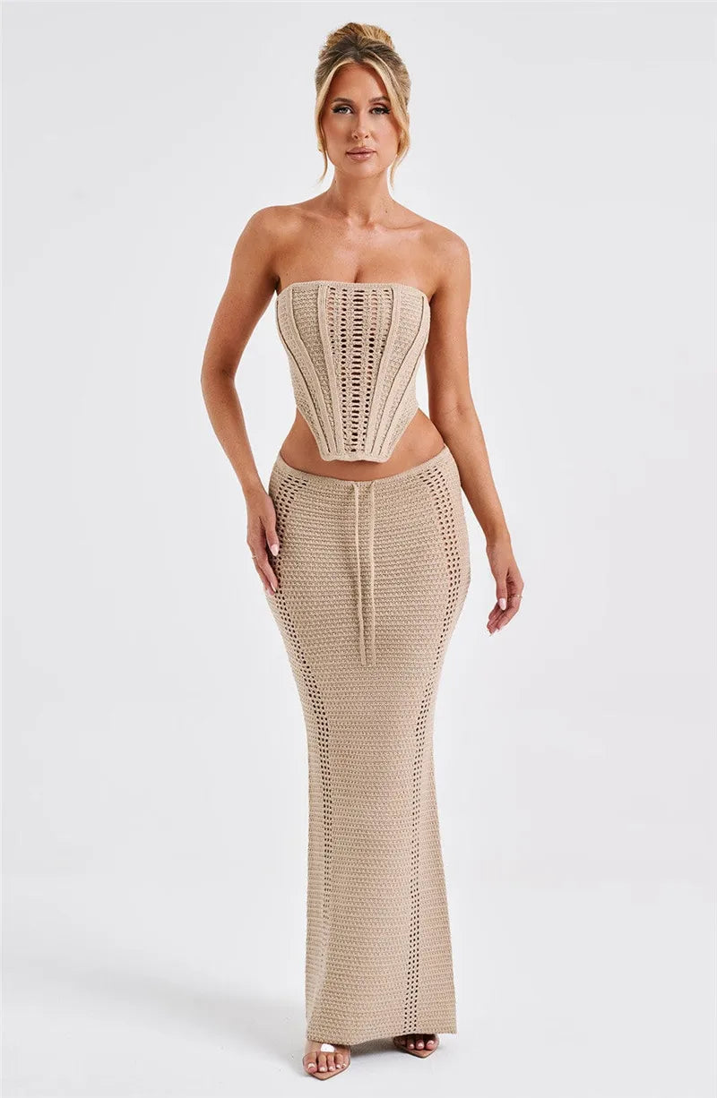 Elegant Knit Skirt Two Piece Sets Women Strapless Bandage Crop Tops And Maxi Skirt Femme Lace Up Sexy Ttwo Piece Sets