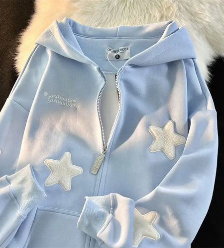 Streetwear Embroidery Star Hoodie Women Clothing Thicked Zipper Hooded Jackets Y2k Tops Casual Fashion Vintage Sweatshirts Coat