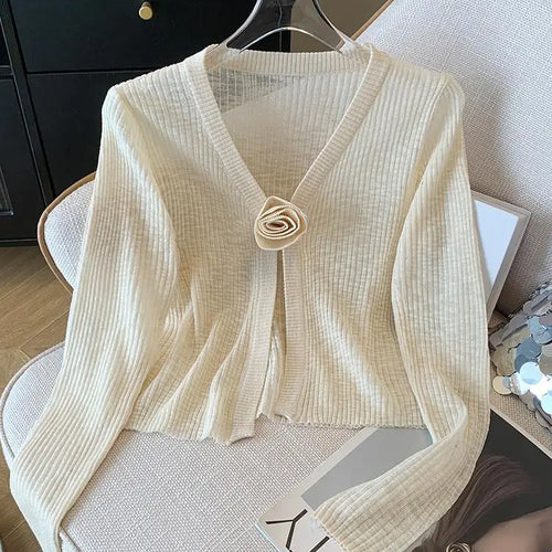 Load image into Gallery viewer, 2025 Sping Summer New Women Solid Fashion V-neck Flower Decoration Long Sleeve Cardigan Knitted Tops Sun Protection Clothes Chic
