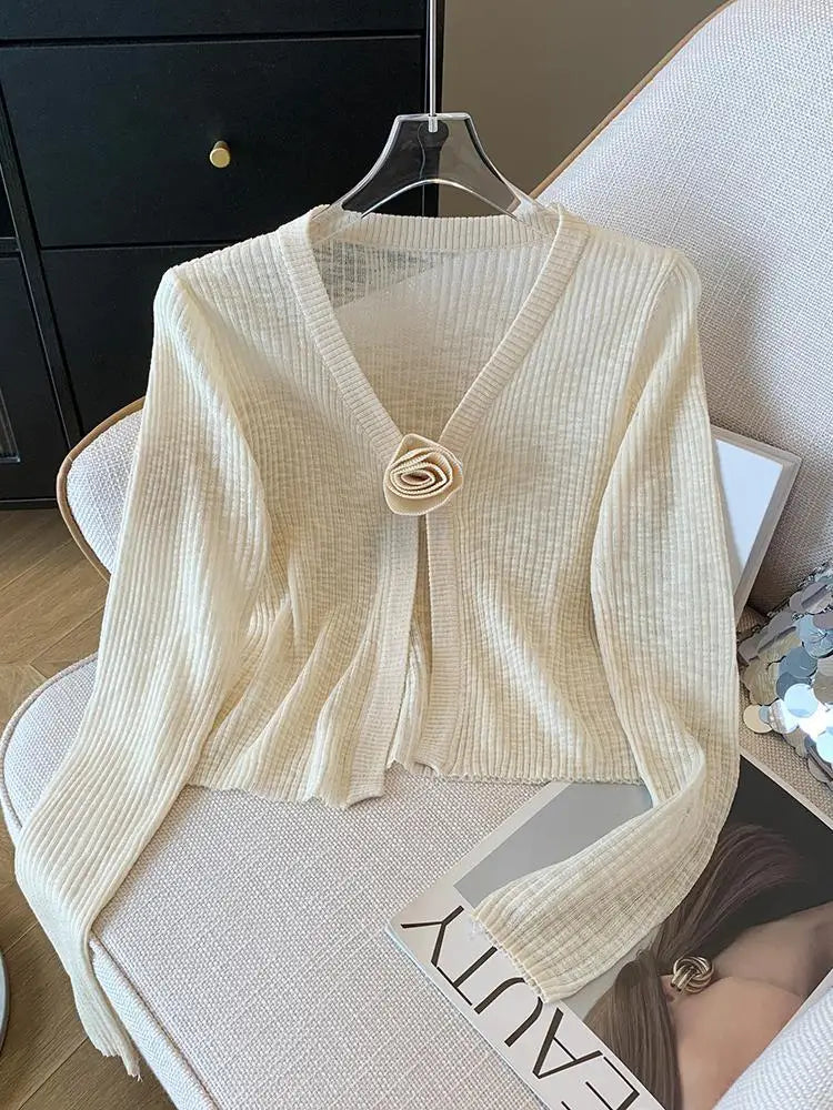 2025 Sping Summer New Women Solid Fashion V-neck Flower Decoration Long Sleeve Cardigan Knitted Tops Sun Protection Clothes Chic