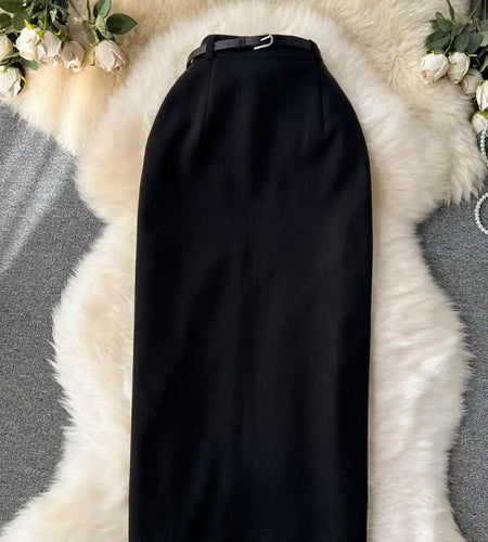 Beige Woolen Pencil Skirts Women Purple Office Elegant Ladies Long Thick Warm Skirt 2023 Spring New Black High Waist Wrap Skirt