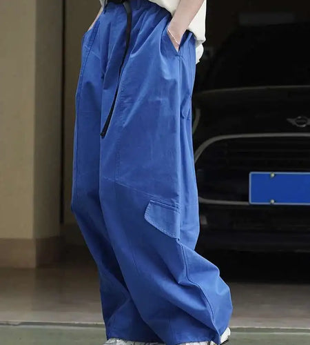 High Waist Blue White Brief Pocket Wide Leg Casual Pants New Trousers Women Fashion Tide Spring Autumn 2025 1DH9590