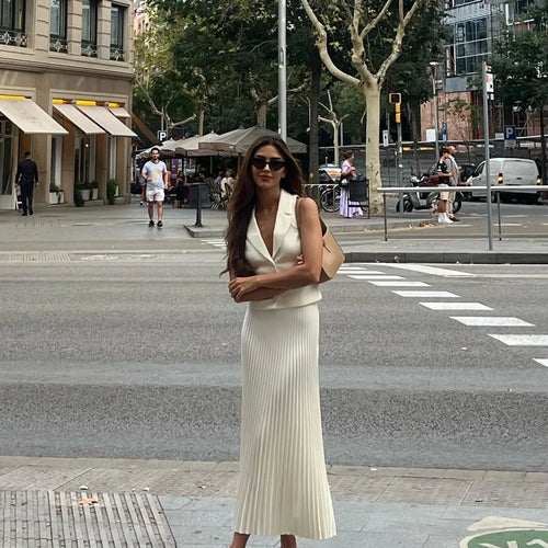 Load image into Gallery viewer, Fashion Skirt Two Piece Sets Women Notched Collar Sleeveless Crop Tops And Midi Skirt Femme Elegant Pleated Skirt Sets
