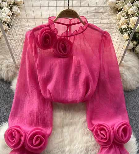 Vintage French Style Solid Elegant 3d Floral Blouses Autumn Women's Vintage Long Sleeve Shirts Holiday Ruffles Tops Simplicity
